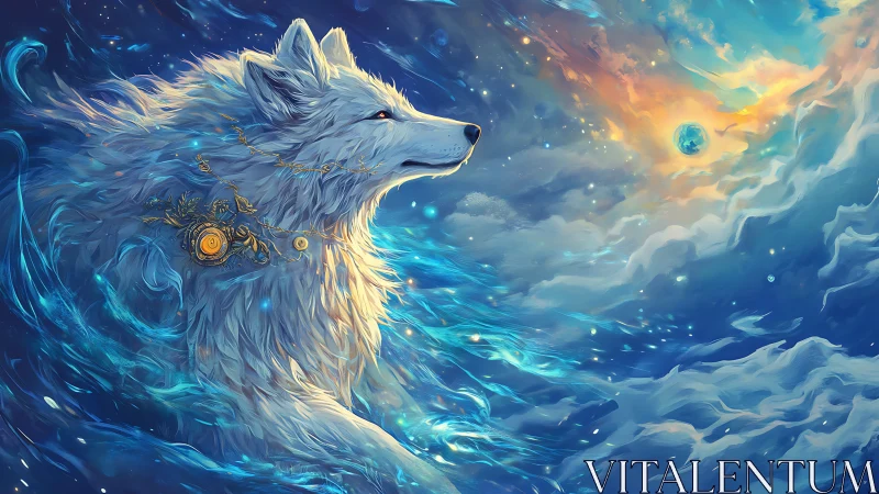 Celestial ethereal wolf deity with cosmic nebula currents