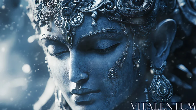 Digital sculpture portrait in icy monochrome devotional style.