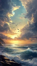 Moonlit waves and a glowing horizon of gentle wonder.