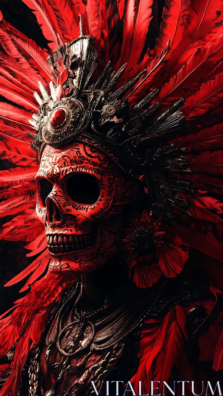 Ornate red-feathered skull warrior portrait fills frame
