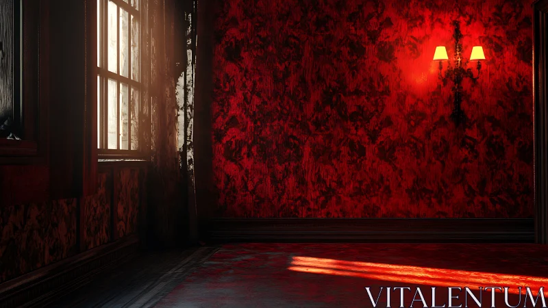 Moody red interior with window light and wall sconce glow.