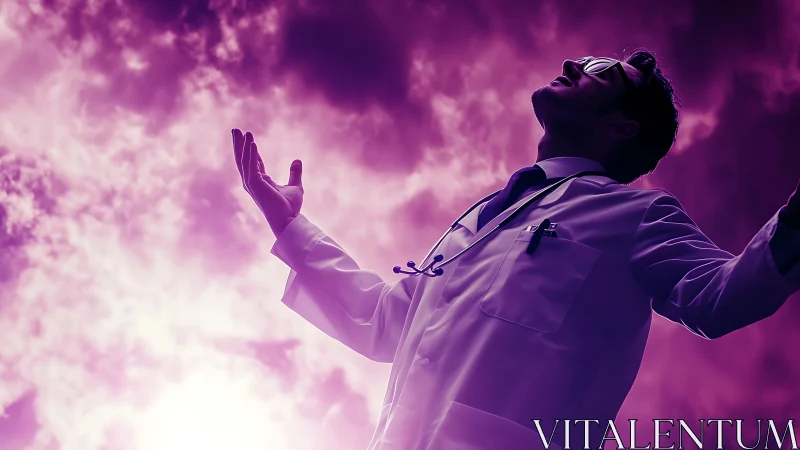 Doctor in lab coat under violet sky with raised arms.