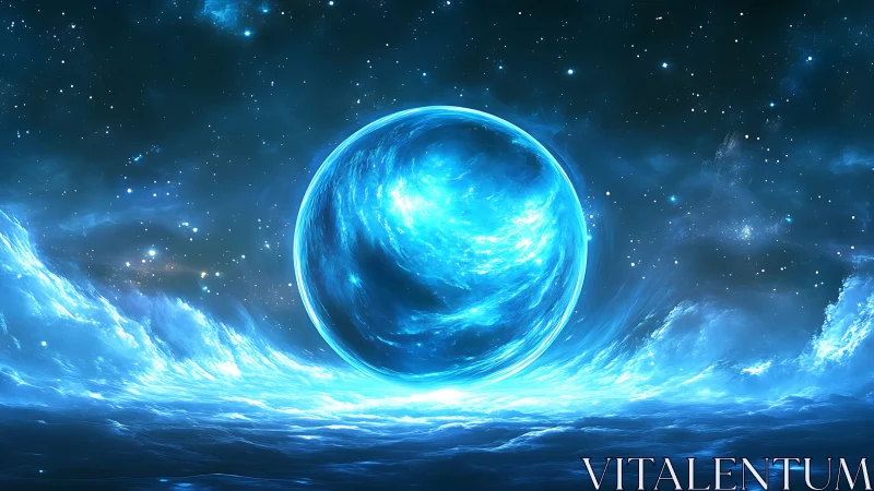 Luminous spherical energy field suspended above oceanic plane.