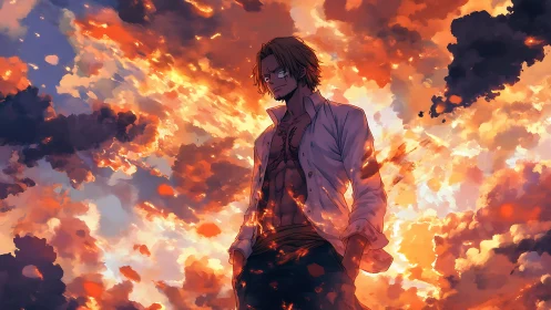 Storm-lit anime warrior framed by blazing sunset clouds.