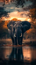 Elephant stands in shallow water under evening sky