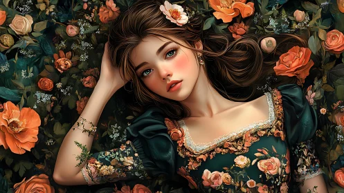 Dreaming girl in lush orange rose garden tapestry.