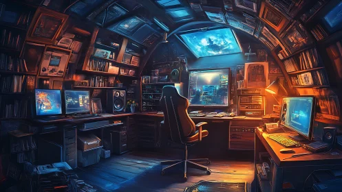 Futuristic curved attic workspace shows multi monitor setup