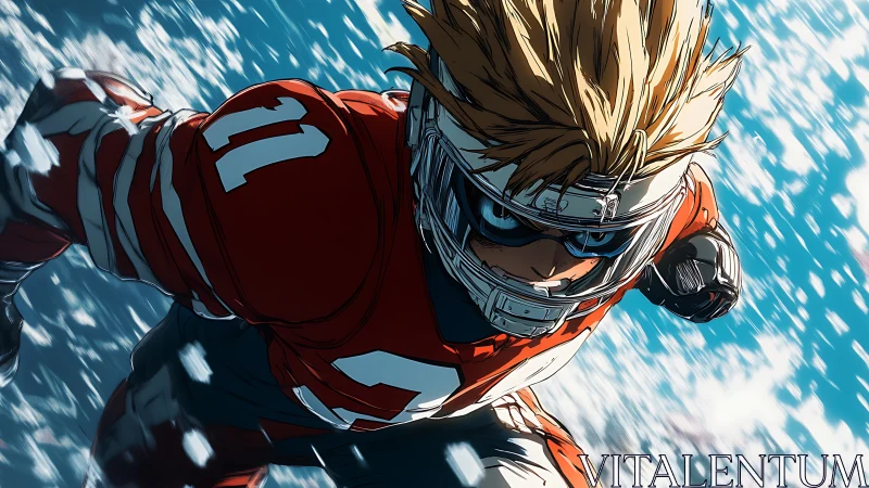 Anime football player sprints forward in dynamic motion