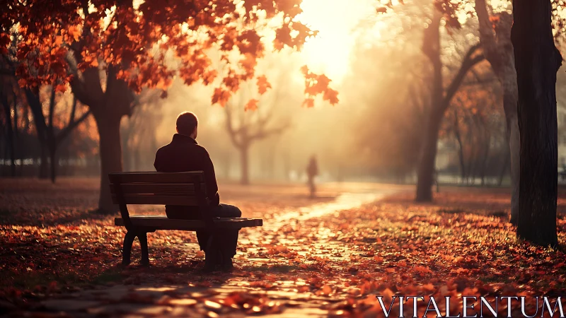 Solitary figure on bench in glowing autumn park sunset