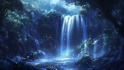 Blue luminescent waterfall cascades through mystical cave chamber.