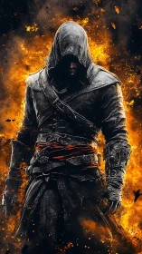Hooded armored figure standing before dense fiery backdrop.