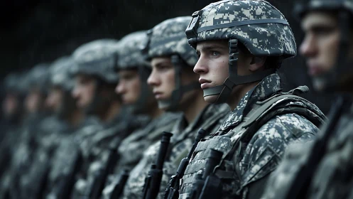 Line of uniformed soldiers standing in formation outdoors.