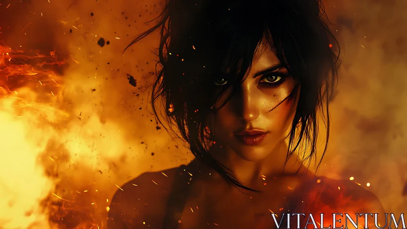 Female portrait rendered with dramatic fire effects and ambient lighting