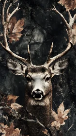 Stag portrait framed by autumn leaves in dark forest.