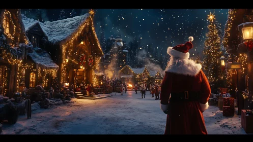 Santa observing illuminated snowy Christmas village street at night