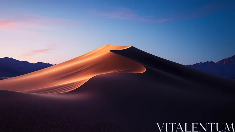 Soft sunrise glow over quiet desert sand dune ridge.