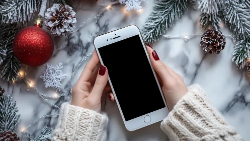 Cozy winter phone moment amid twinkling holiday branches.