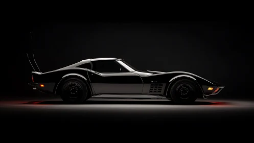 Low-key studio portrait of sleek black classic sports car.