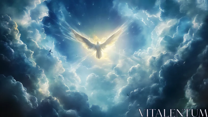 Heavenly dove glowing in radiant blue and golden clouds.