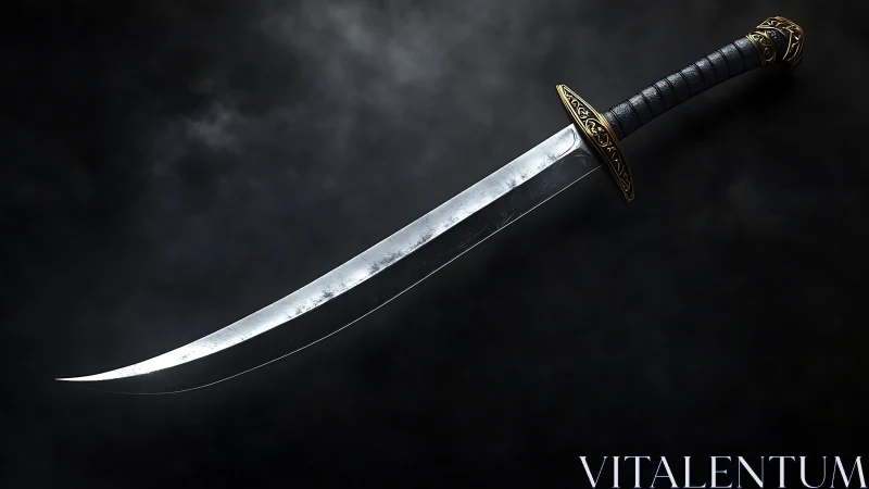 Curved steel sword gleams softly against a smoky dark sky