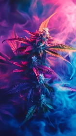 Luminous cannabis plant glows gently in dreamy neon haze
