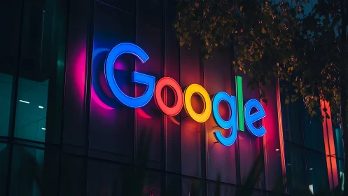 Illuminated Google wordmark with multicolor LED facade reflections