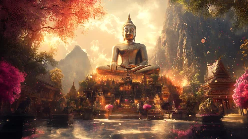 Golden mountain Buddha amid blooming lantern twilight.
