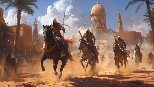 Hooded desert riders charge through ancient sunlit city.