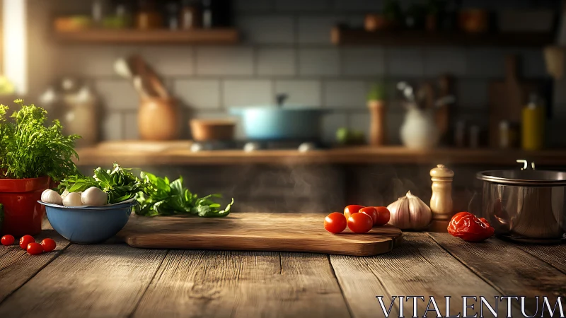 Sunlit rustic kitchen counter awaits fresh home cooking