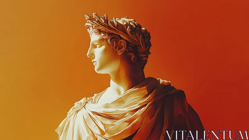 Classical marble bust glows against a bold orange backdrop