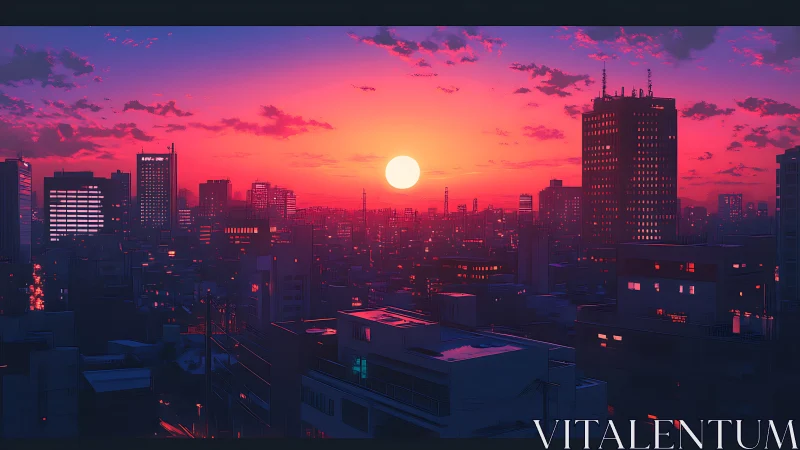 Neon city skyline under vivid magenta sunset glow.