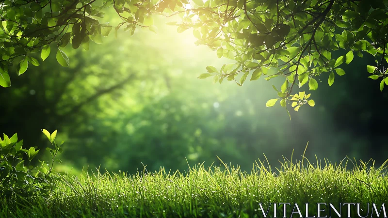 Lush Green Meadow with Sunlight Filtering Through Leaves, Natural Scene.