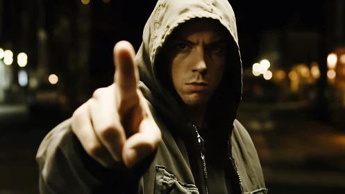 Hooded man pointing at camera in shallow depth night scene