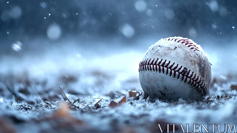 Weathered baseball resting on snowy ground in winter field.