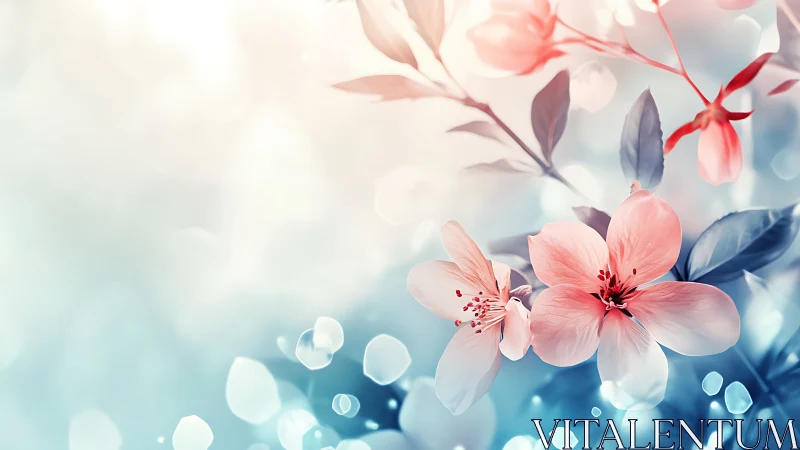 Soft Pink Cherry Blossoms with Dreamy Blue Bokeh Background.