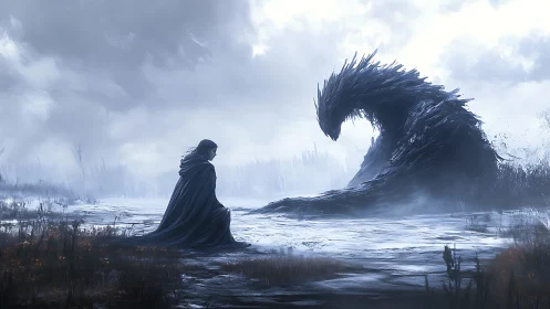 Cloaked figure faces towering shadow beast in bleak marsh