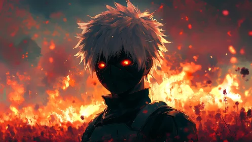 Masked white-haired warrior before blazing inferno horizon.