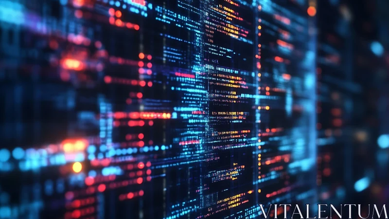 Glowing data streams across abstract digital code matrix.