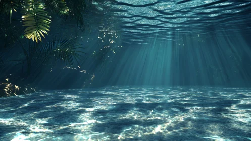 Sunlit underwater lagoon with rippling rays and plants.