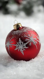 Macro study of frosted red ornament in granular snowfield.