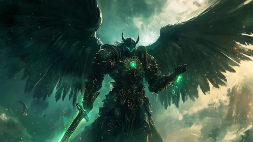Armored dark angel dominates stormlit ethereal sky