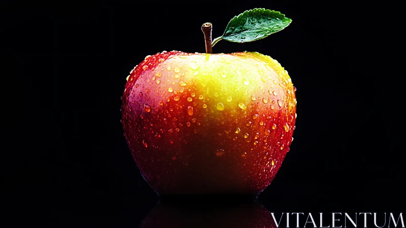 Red and yellow apple with water droplets on black background.