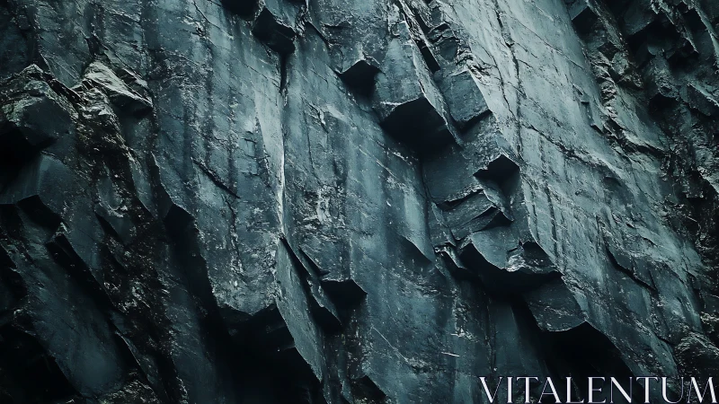 Angular basalt cliff face with fractured columns and cool tonal contrast