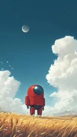 Red robot drifter under vast sky in golden field.