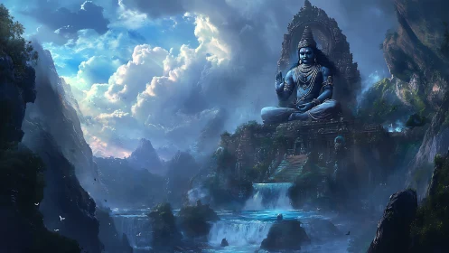 Large seated deity statue dominates misty mountainous valley