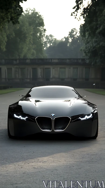 Low-angle view shows sleek black BMW concept car front
