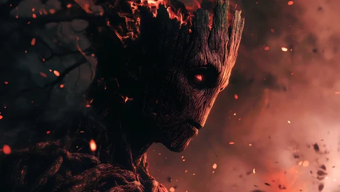 Charred wooden golem portrait with ember-lit eyes in smoke