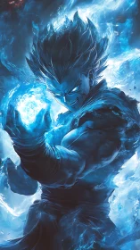 Blue energy warrior unleashes glowing power sphere