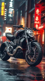 Neo-noir street cruiser under rainfall with urban neon glow.