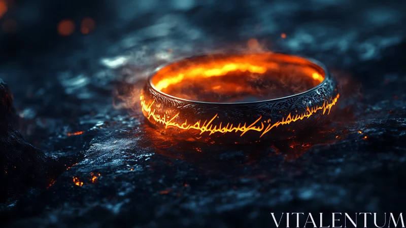 Ring of power with luminous fire core and etched metalwork.